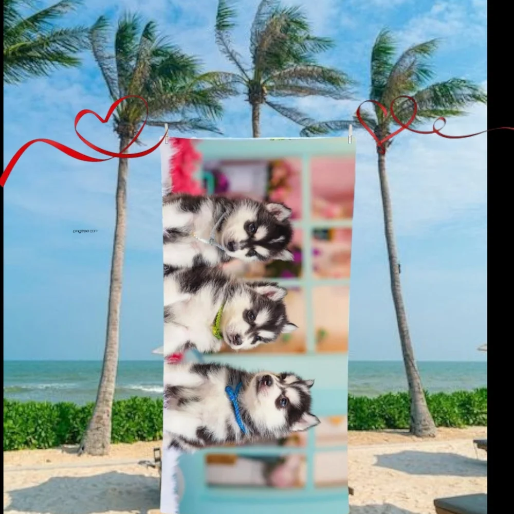 👣4/$20. Adorable Husky Puppies Trio Beach Pool Towel 55